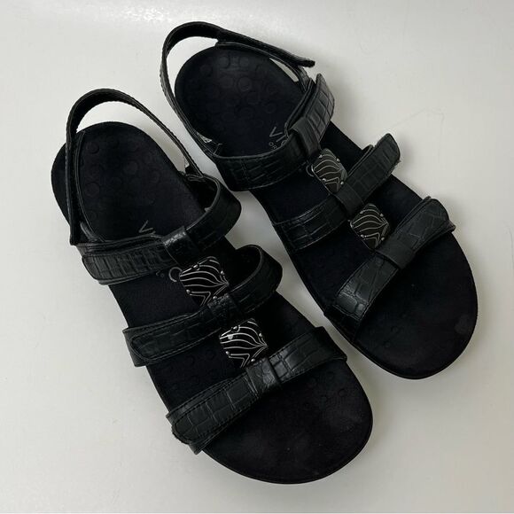 Vionic Amber Strappy Slide Sandals Croc Embossed Black Adjustable Straps Size 9 - Picture 4 of 9